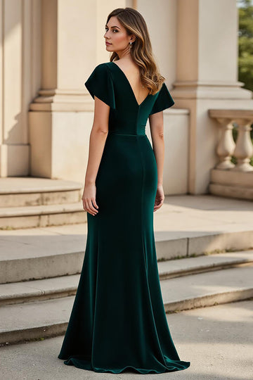 Pine Ruched Cap Sleeve V-Neck Mother Of The Bride Dress